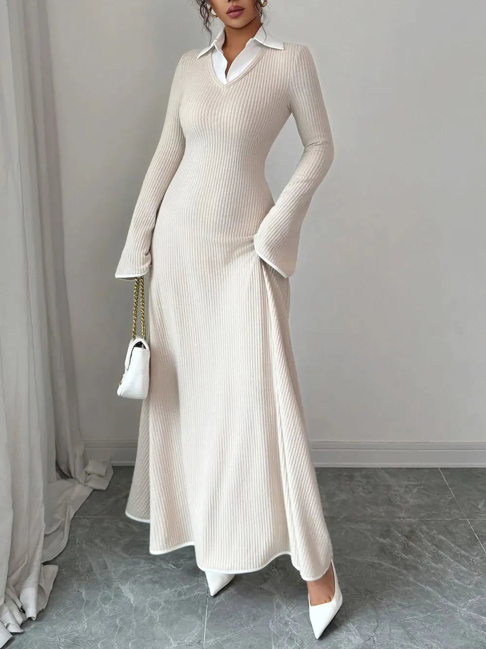 Gabriela | Lorenza Sukienka Maxi Z Dzianiny Z Kołnierzem – Ecru Elegancja