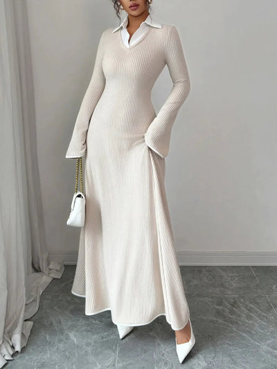 Gabriela | Lorenza Sukienka Maxi Z Dzianiny Z Kołnierzem – Ecru Elegancja