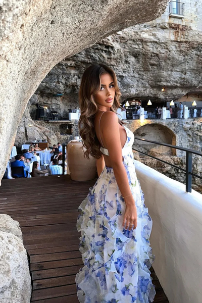 Florentia | Sukienka Maxi Kwiatowa z Warstwową Spódnicą