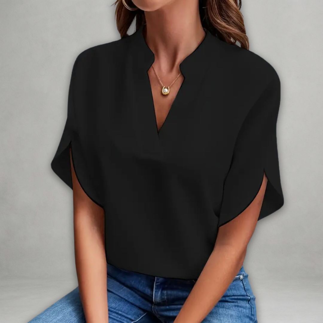 Emily | Biała Bluzka Luźna z Dekoltem w Szpic i Odkrytymi Rękawami