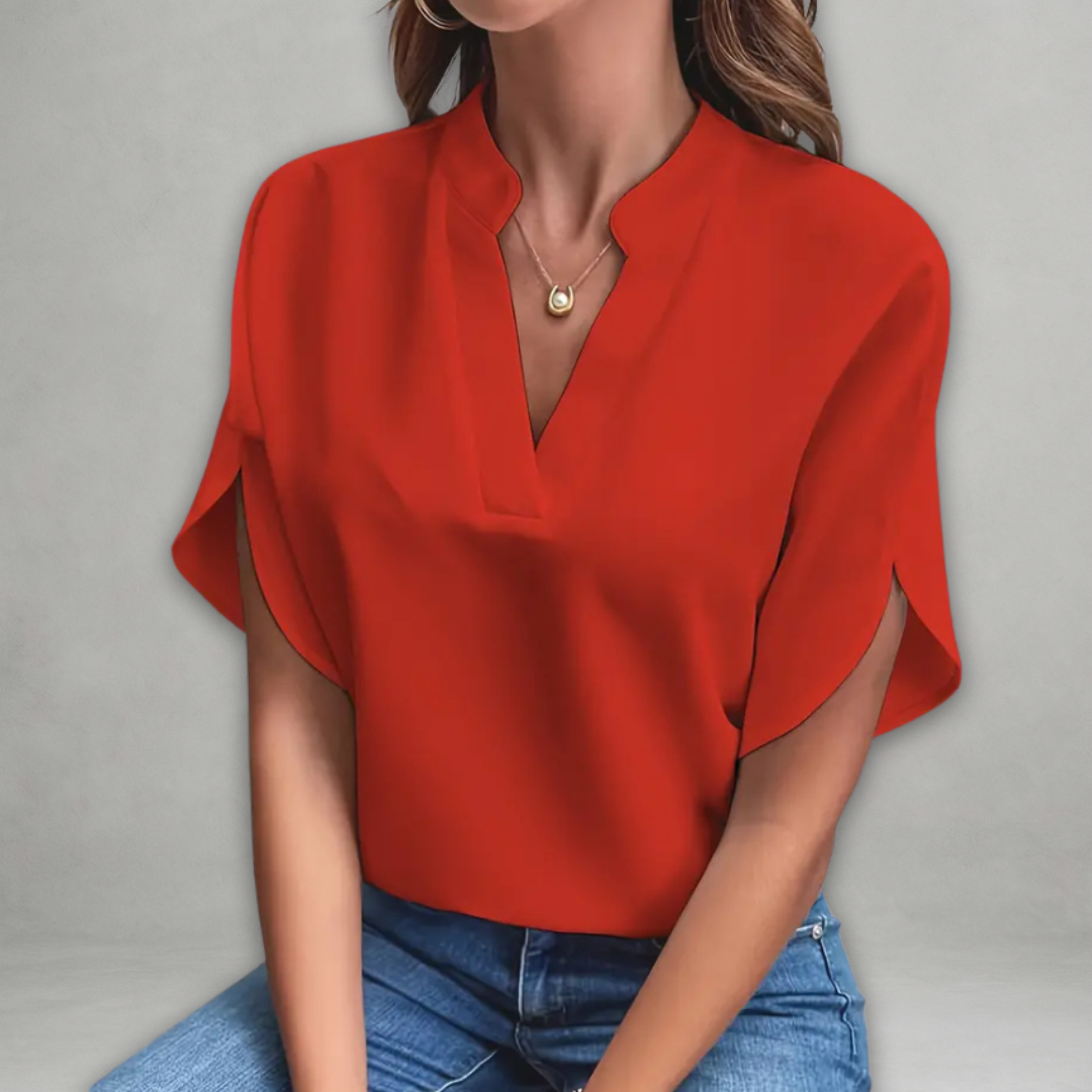 Emily | Biała Bluzka Luźna z Dekoltem w Szpic i Odkrytymi Rękawami