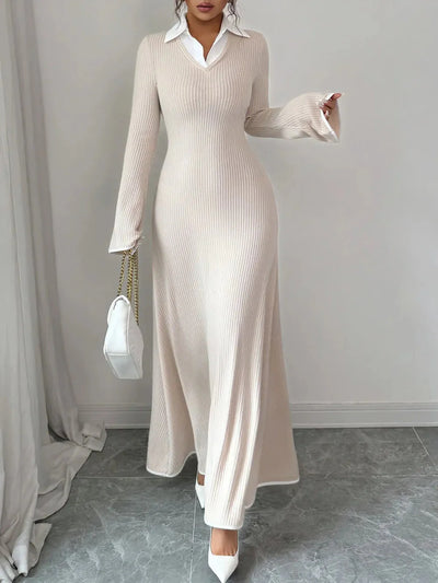 Gabriela | Lorenza Sukienka Maxi Z Dzianiny Z Kołnierzem – Ecru Elegancja