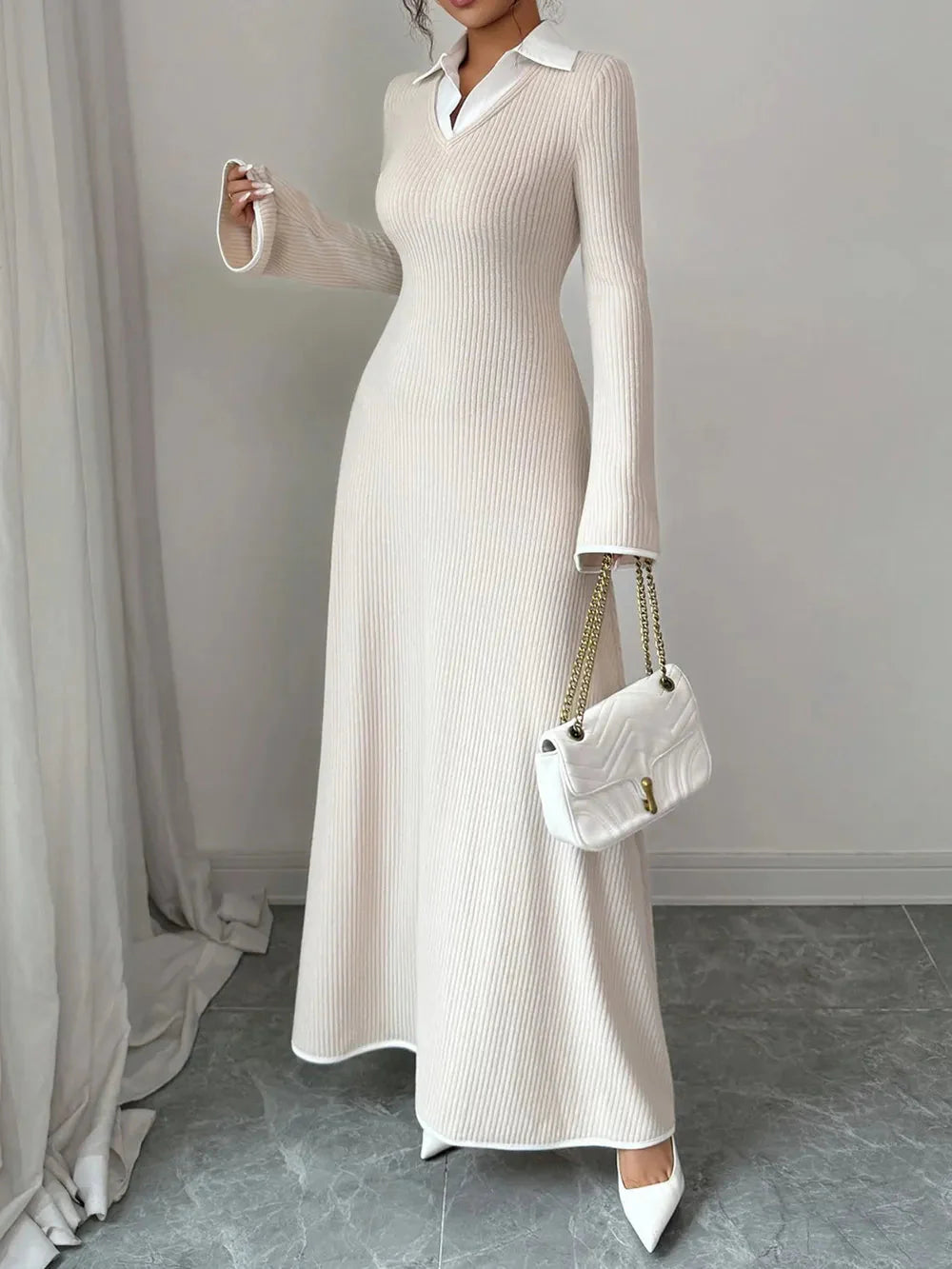 Gabriela | Lorenza Sukienka Maxi Z Dzianiny Z Kołnierzem – Ecru Elegancja