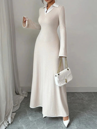 Gabriela | Lorenza Sukienka Maxi Z Dzianiny Z Kołnierzem – Ecru Elegancja