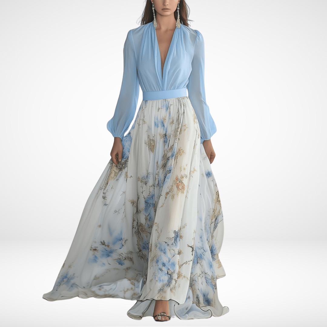 Julia | Długa Niebieska Sukienka z Eleganckim Kwiatowym Wzorem