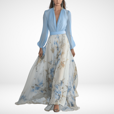 Julia | Długa Niebieska Sukienka z Eleganckim Kwiatowym Wzorem