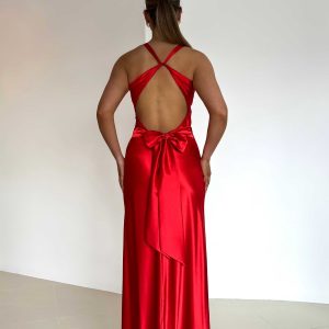 Elena | Alessara Sukienka Maxi Satynowa z Odkrytymi Plecami