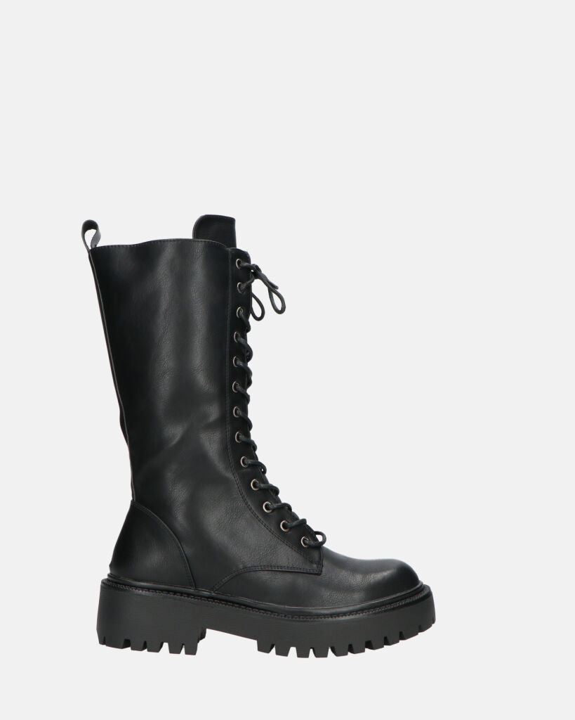 JULIANA | Czarne Botki z Sznurowadłami i Boczny Zamek