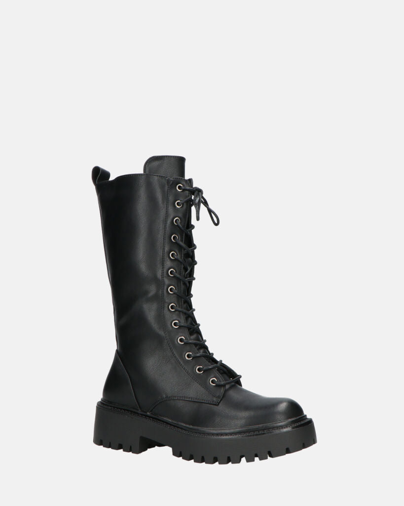 JULIANA | Czarne Botki z Sznurowadłami i Boczny Zamek