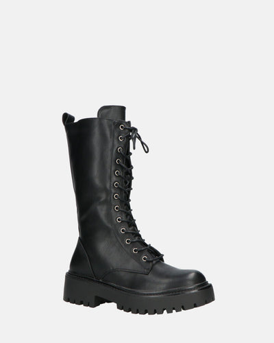 JULIANA | Czarne Botki z Sznurowadłami i Boczny Zamek