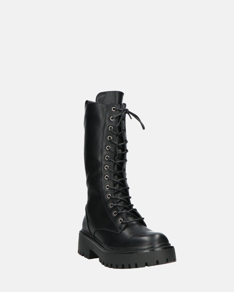 JULIANA | Czarne Botki z Sznurowadłami i Boczny Zamek