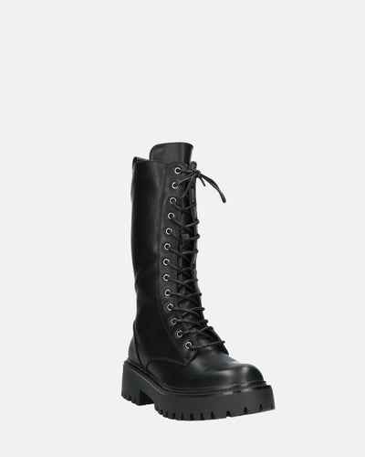 JULIANA | Czarne Botki z Sznurowadłami i Boczny Zamek