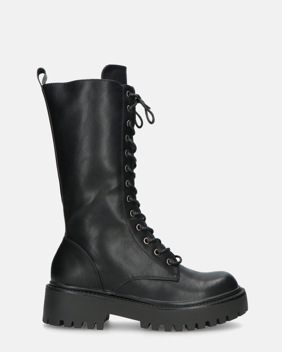 JULIANA | Czarne Botki z Sznurowadłami i Boczny Zamek