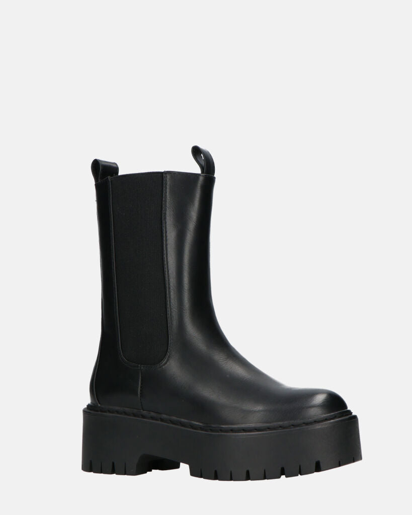 JUNY | Czarne Botki Z Platformą I Elastyczną Taśmą