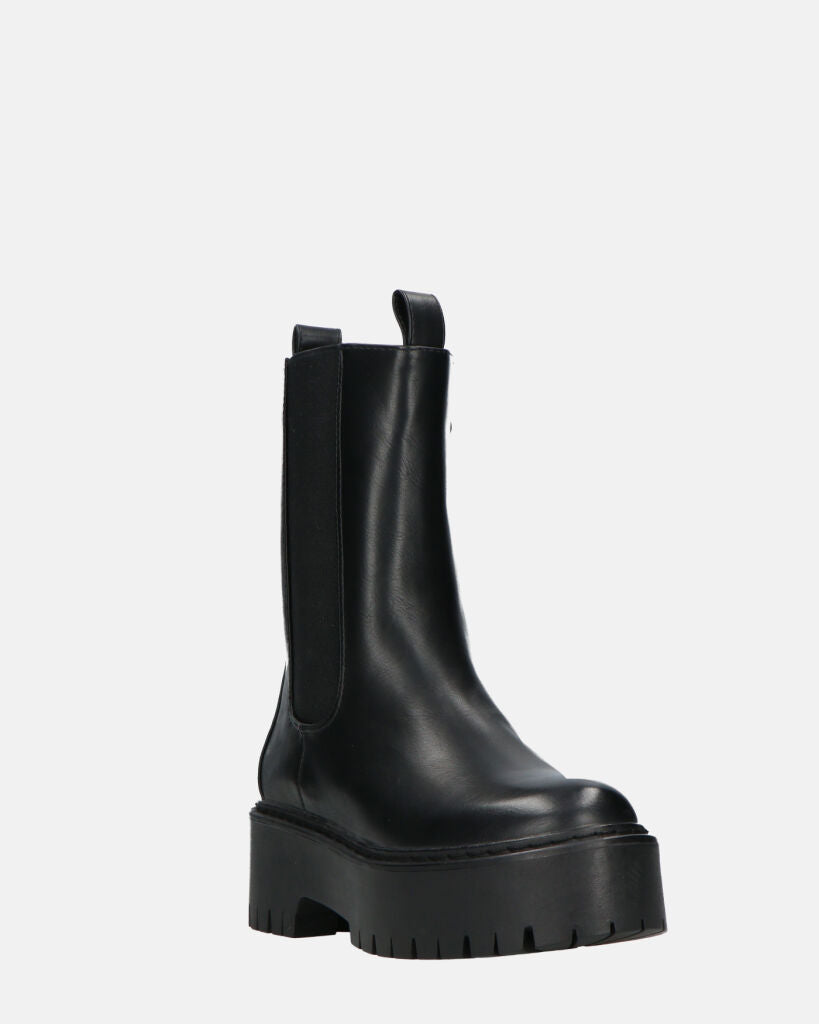 JUNY | Czarne Botki Z Platformą I Elastyczną Taśmą