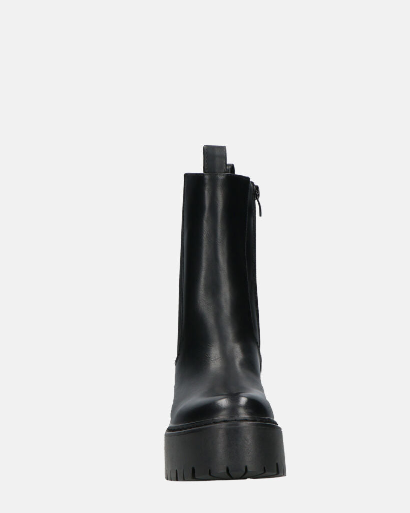 JUNY | Czarne Botki Z Platformą I Elastyczną Taśmą