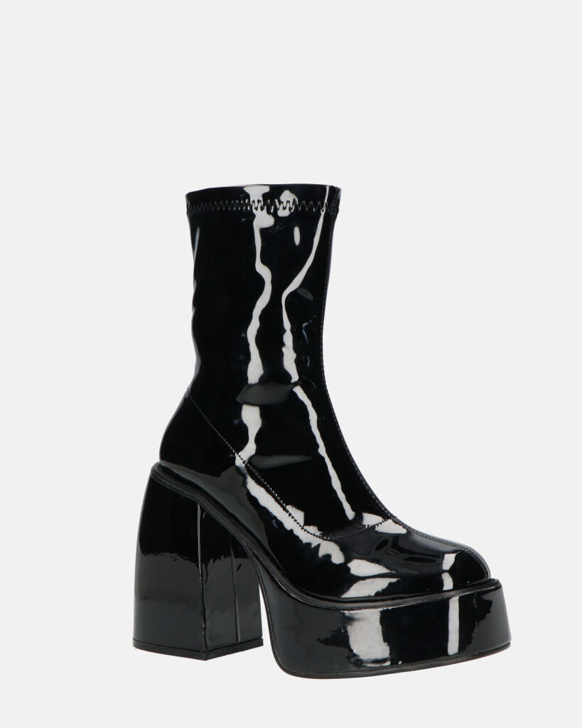 MYA | Botki na platformie z wysokim obcasem w błyszczącym czarnym kolorze