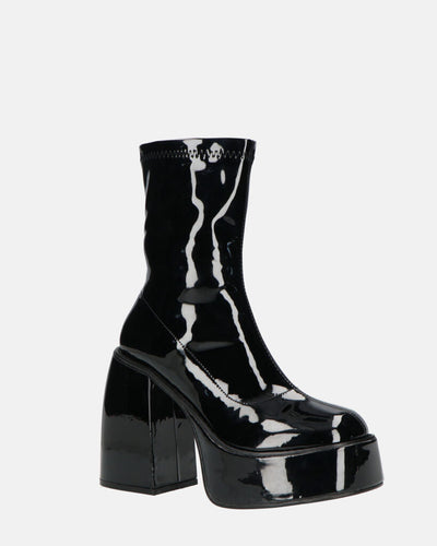 MYA | Botki na platformie z wysokim obcasem w błyszczącym czarnym kolorze