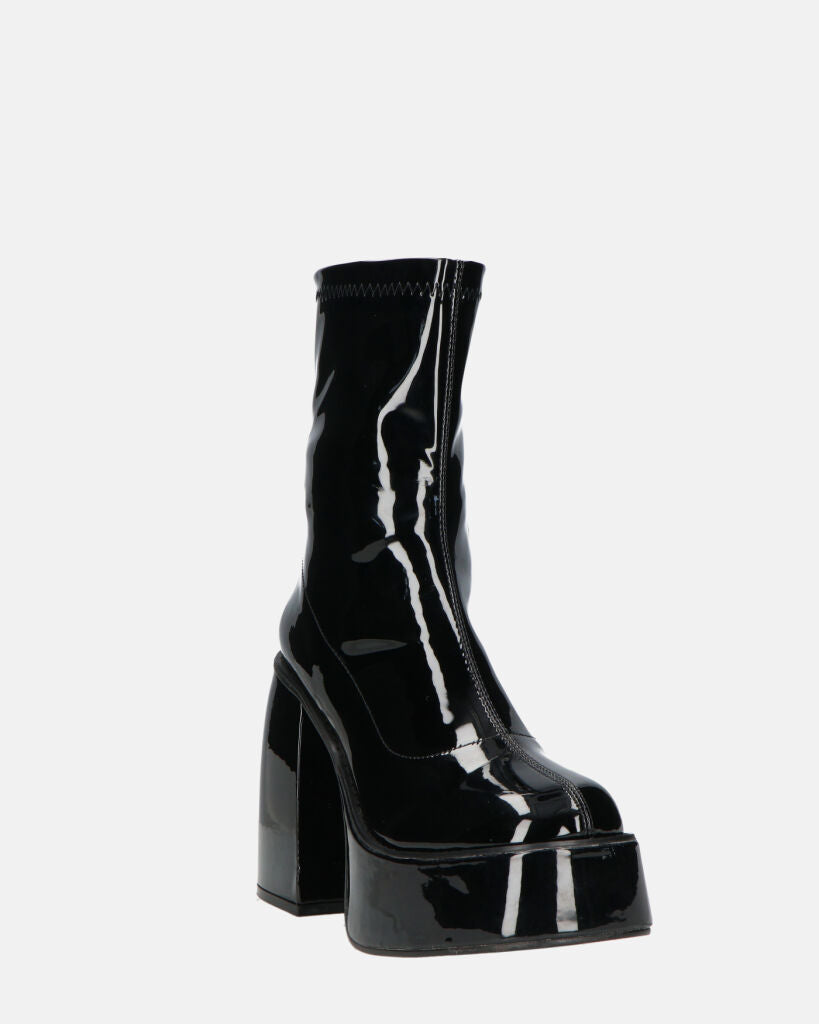 MYA | Botki na platformie z wysokim obcasem w błyszczącym czarnym kolorze