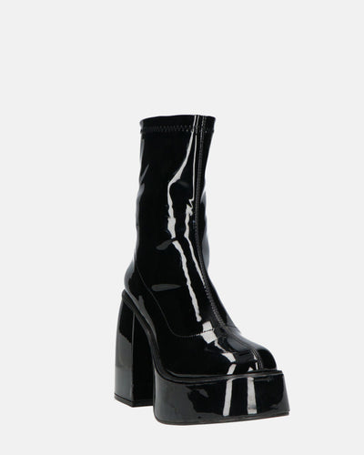 MYA | Botki na platformie z wysokim obcasem w błyszczącym czarnym kolorze