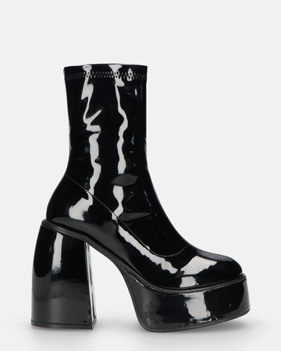 MYA | Botki na platformie z wysokim obcasem w błyszczącym czarnym kolorze