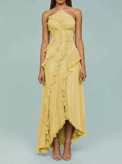 Irene | Mireli Sukienka Maxi Kalina z Halterem i Falbanami