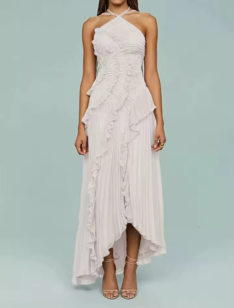 Irene | Mireli Sukienka Maxi Kalina z Halterem i Falbanami