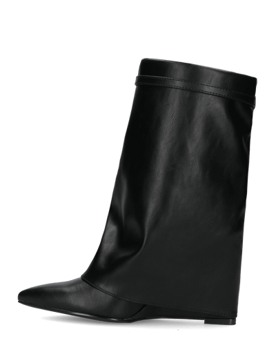 TAINA | Czarne Botki Z Niskim Cholewką Z Faldkiem I Koturnem