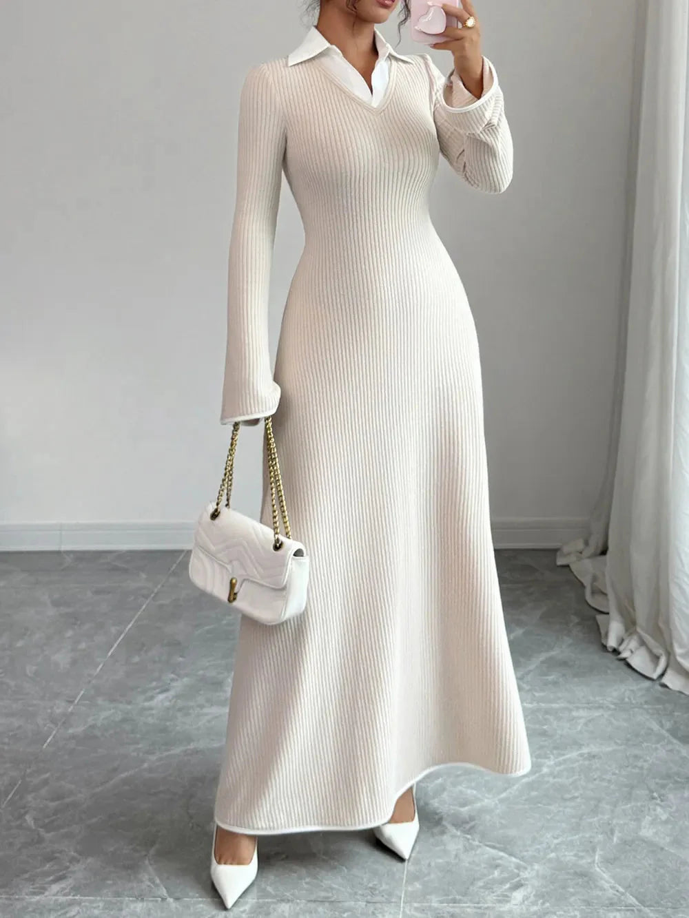 Gabriela | Lorenza Sukienka Maxi Z Dzianiny Z Kołnierzem – Ecru Elegancja