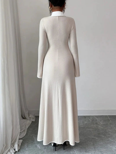 Gabriela | Lorenza Sukienka Maxi Z Dzianiny Z Kołnierzem – Ecru Elegancja