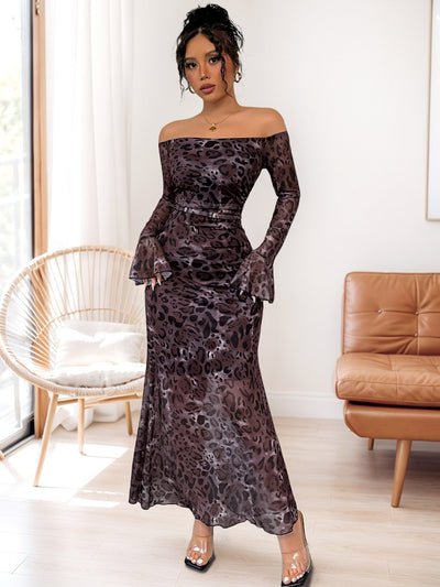 Eva | Olga Sukienka Maxi Off-Shoulder z Wzorem Pantery