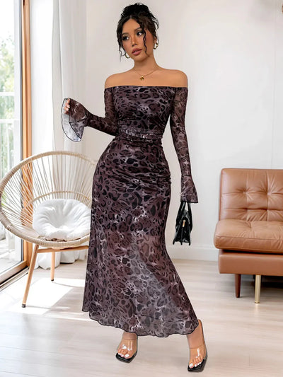 Eva | Olga Sukienka Maxi Off-Shoulder z Wzorem Pantery